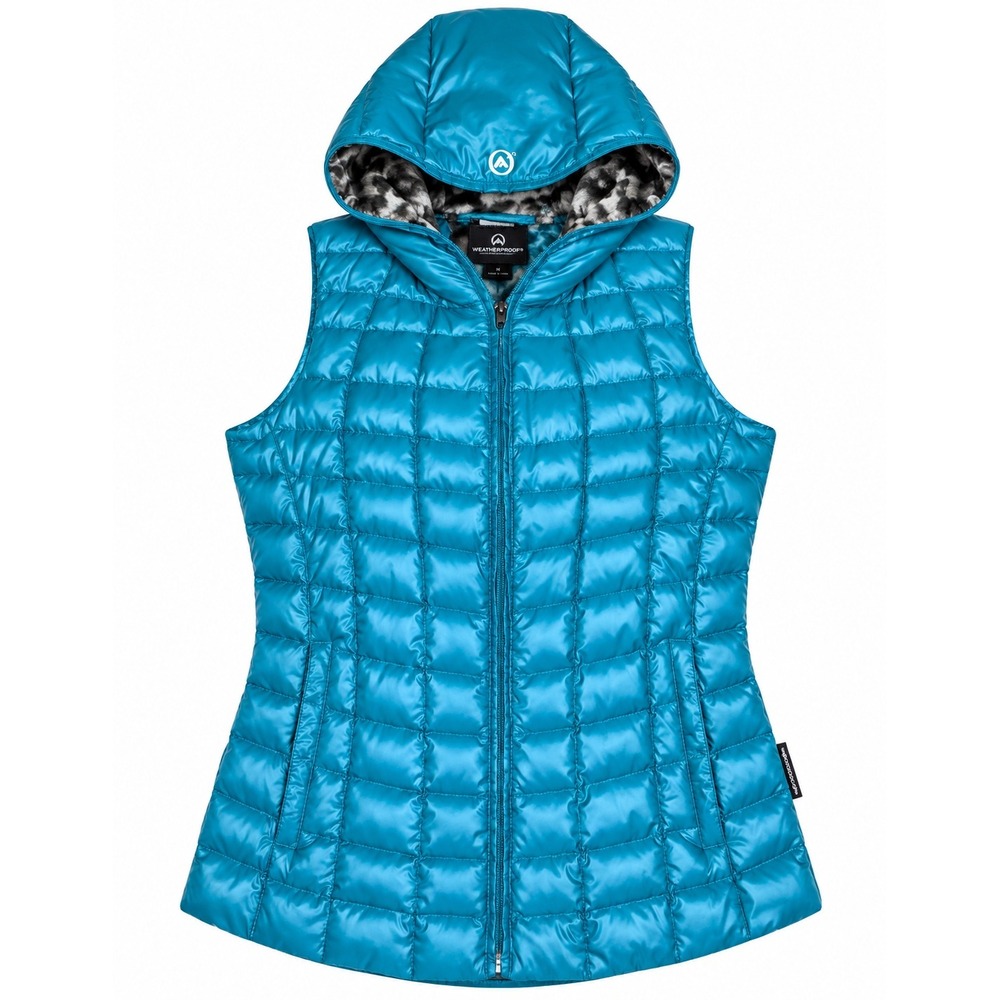 Obermeyer Womens Down Puffer Vest Teal Blue Hooded Leopard Print Lining Size M